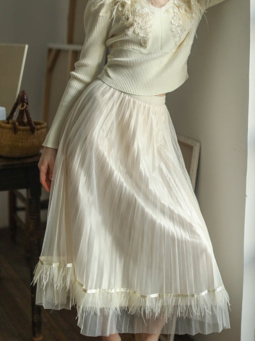Dreamy Feather-Trim Pleated Skirt