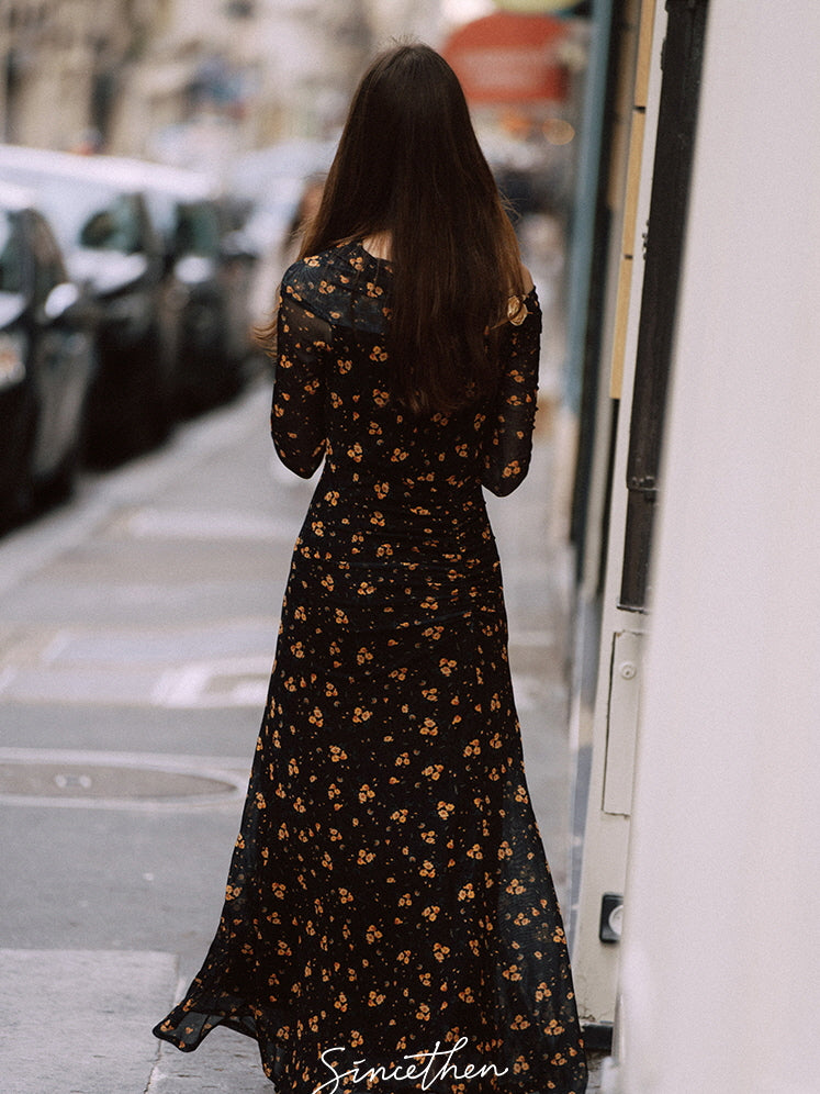 Midnight Blossom Off-Shoulder Mesh Dress