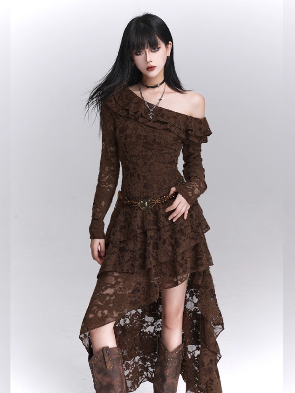 Mocha Lace Ruffle Dress