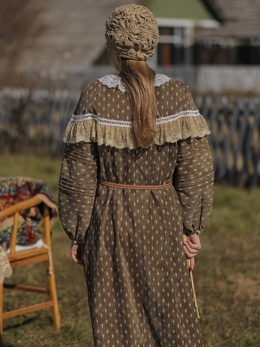 Vintage Floral Brown Corduroy Dress
