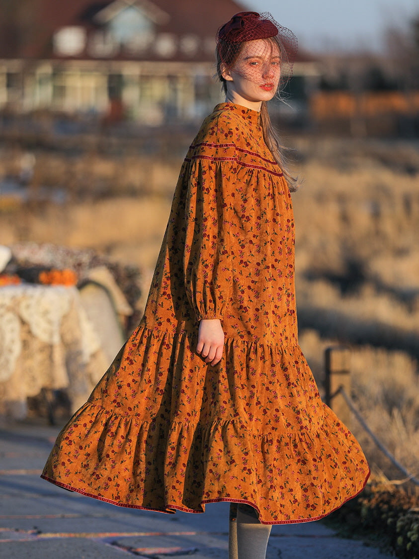 Vintage Golden Floral Corduroy Dress