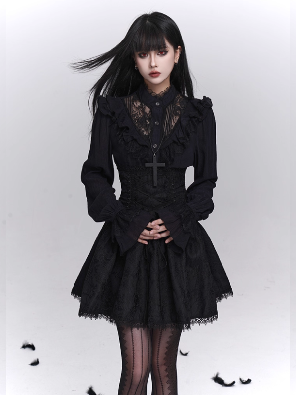 Black Lace Gothic Dress Corset Waist & Ruffled Collar Dark Romantic Aesthetic L Black Lace Gothic Dress Corset Waist & Ruffled Collar Dark Romantic Aesthetic L