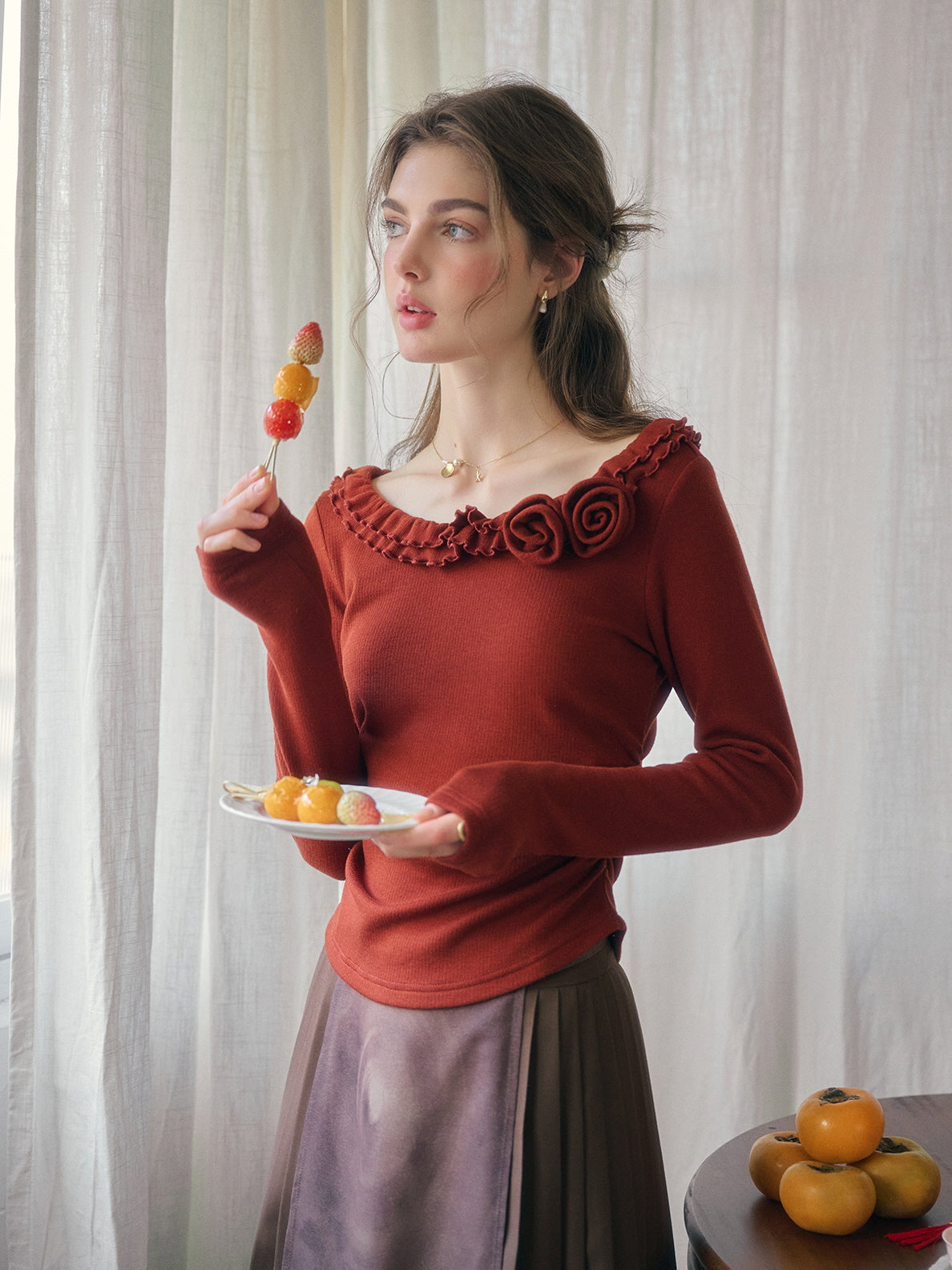 Rosette Ruffle Knit Top