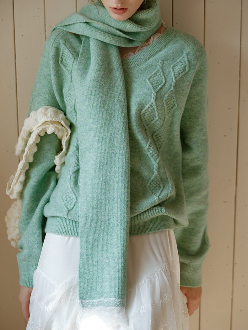 Pastel Lace-Trim Knit Sweater & Scarf