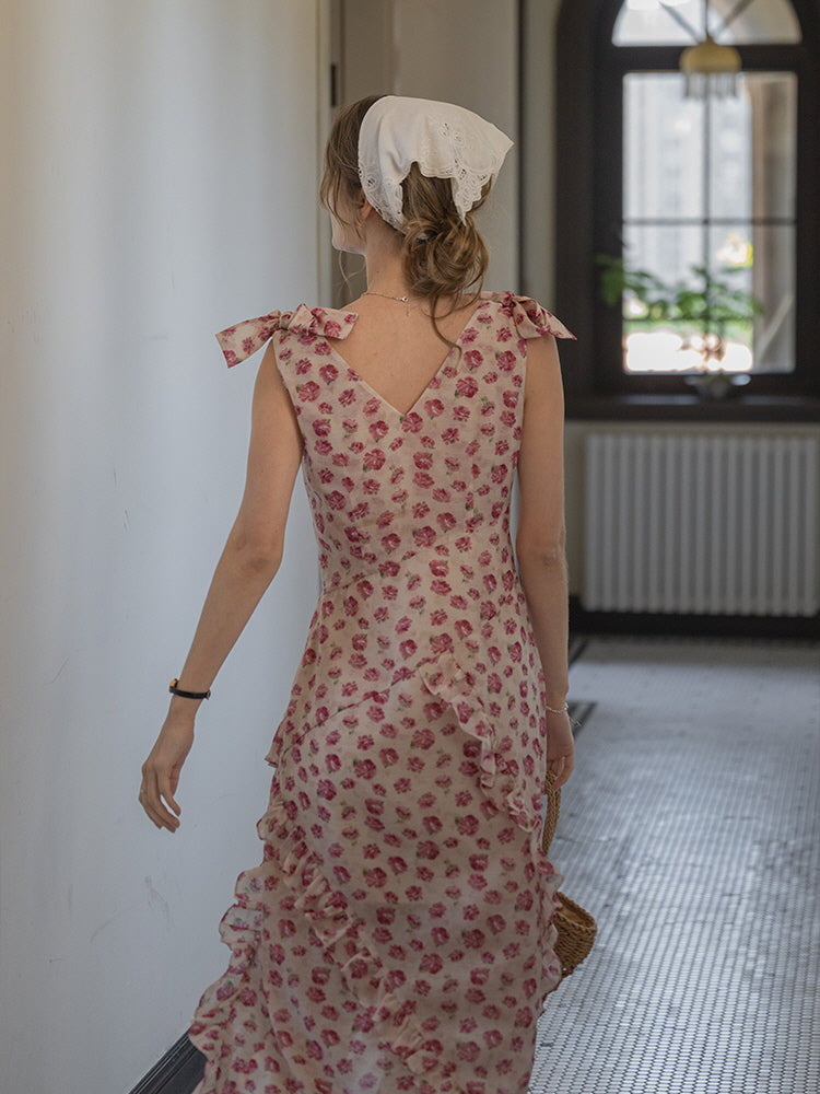 Romantic Rose Garden Ruffled Wrap Dress