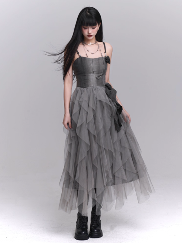 Gray Rose Tiered Tulle Dress