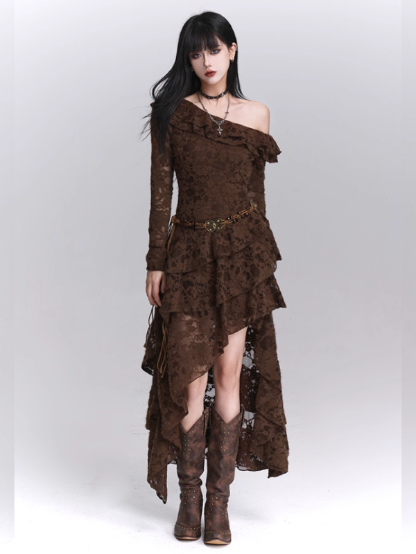 Mocha Lace Ruffle Dress Off Shoulder High-Low Lace Gown Gothic Vintage Fairytale Mocha Lace Ruffle Dress Off Shoulder High-Low Lace Gown Gothic Vintage Fairytale