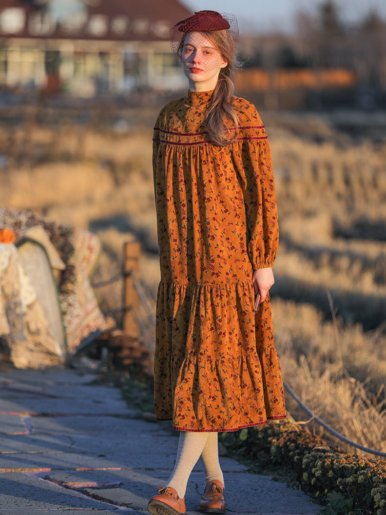 Vintage Golden Floral Corduroy Dress