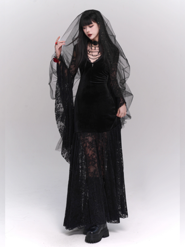 Black Velvet Lace Bell Sleeve Gothic Dress