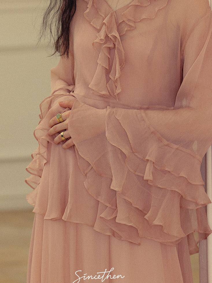 Whimsical Pink Ruffle Chiffon Blouse & Dress