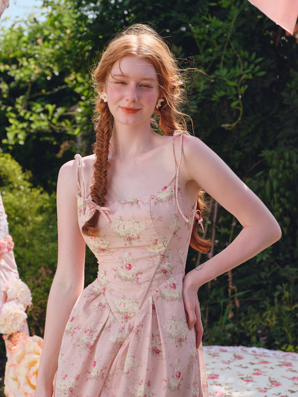 Pastoral Pink Vintage Floral Lace-Up Dress