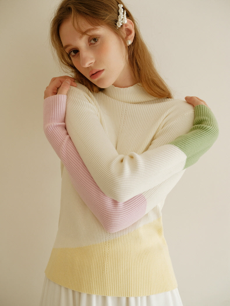 Pastel Color-Block High Neck Sweater