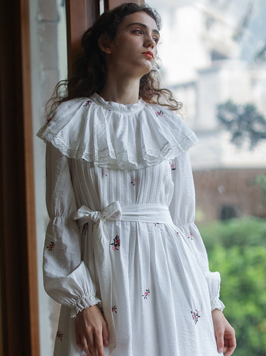 Floral Embroidery Vintage Ruffled Cotton Dress