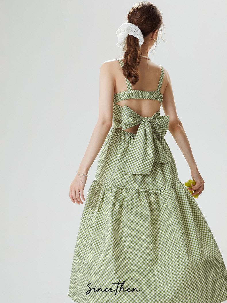 Cottagecore Gingham Bow-Tie Maxi Dress