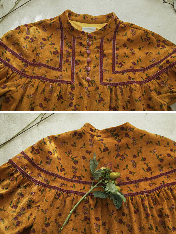 Vintage Golden Floral Corduroy Dress