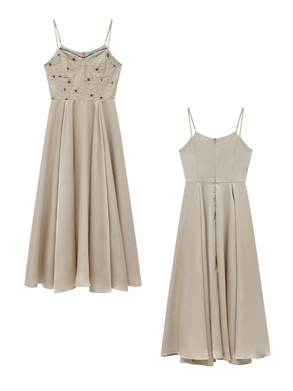 Front and back view of a vintage-inspired beige midi dress with embroidered bodice, flared skirt, and slender straps, perfect for fairycore styling.