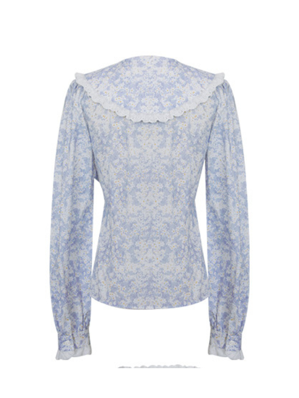 Vintage Blue Floral Lace Trim Blouse