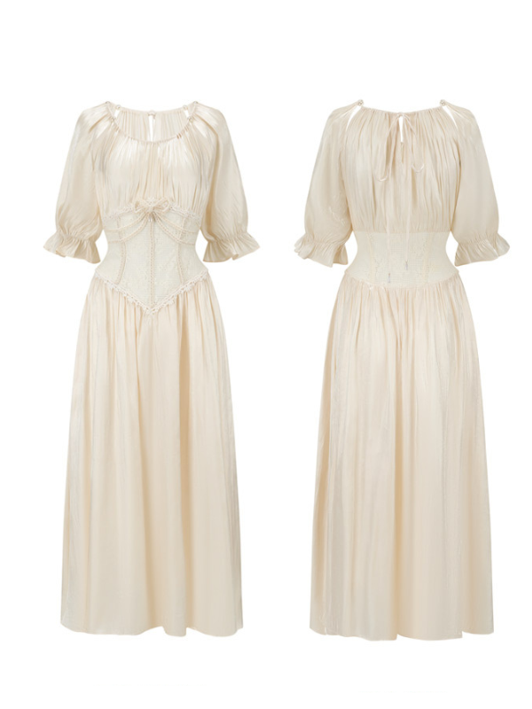 Front and back flat lay views of an ivory satin dress featuring puff sleeves, gathered neckline, and a sewn-in floral lace corset, styled in a romantic vintage silhouette.