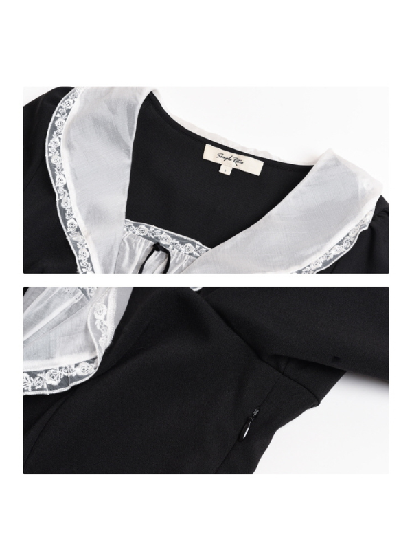 Close-up of the vintage-inspired lace-trimmed collar and hidden side zipper of a romantic black dress, highlighting delicate craftsmanship and ease of wear.