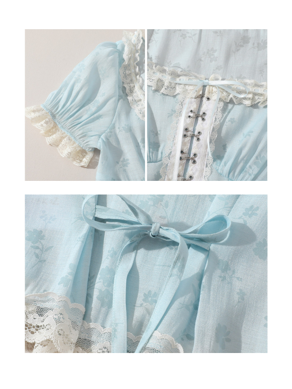 Close-up details of a pastel blue corset top showcasing the lace-trimmed puff sleeves, lace-up front with floral embroidery, and a satin ribbon tie at the back, emphasizing its romantic, vintage aesthetic.