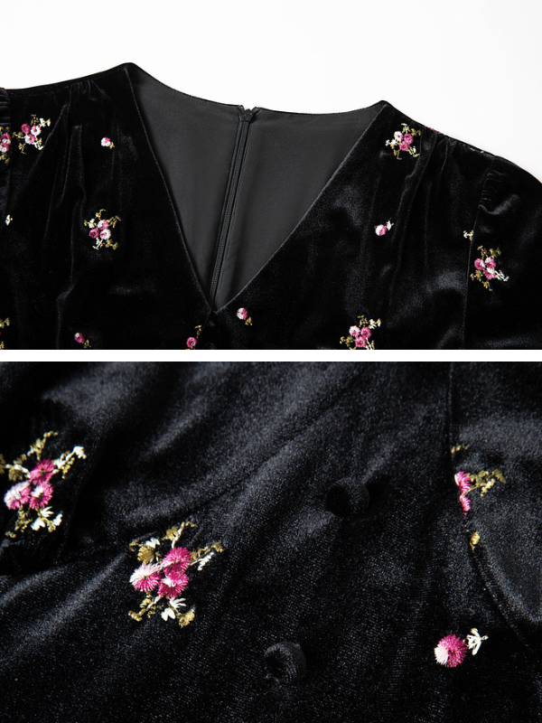 Vintage Velvet Floral Embroidered Dress