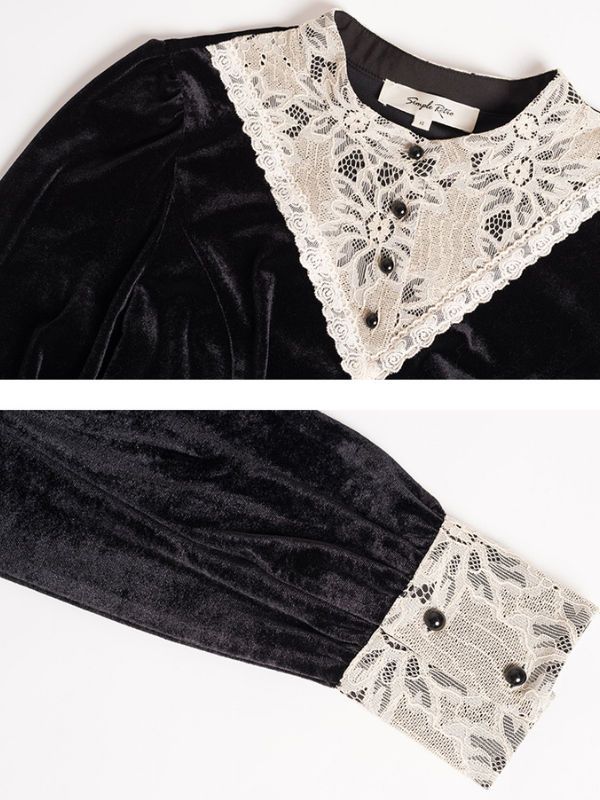 Victorian Lace Trim Black Velvet Blouse