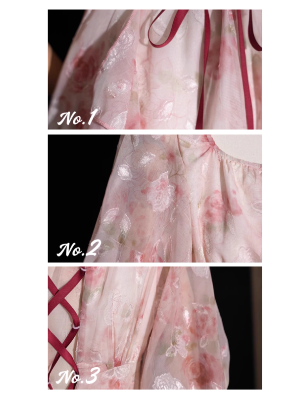 Close-up details of a pink floral gown showcasing delicate ribbon ties, shimmering floral patterns, and soft puff sleeves for a fairytale-inspired look.