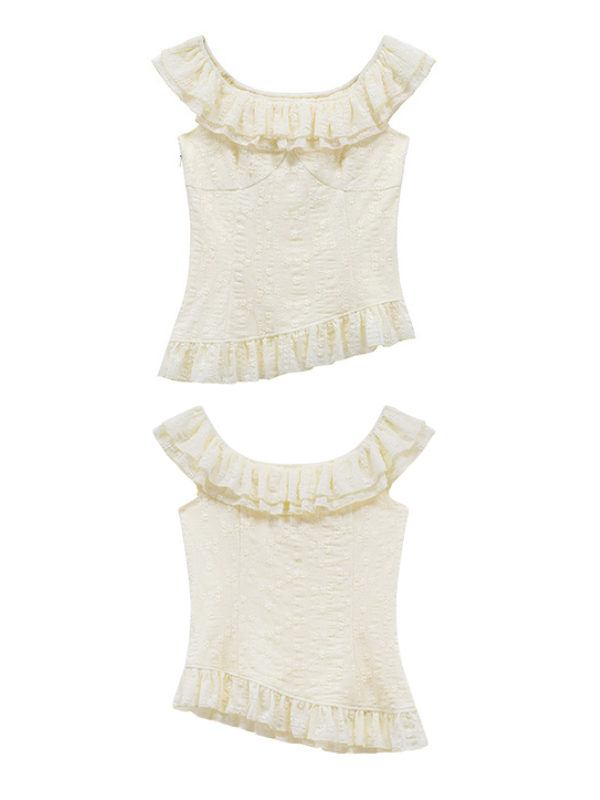 Front and back view of a cream ruffled fairycore blouse with textured fabric and an asymmetric hem, perfect for romantic vintage styling.