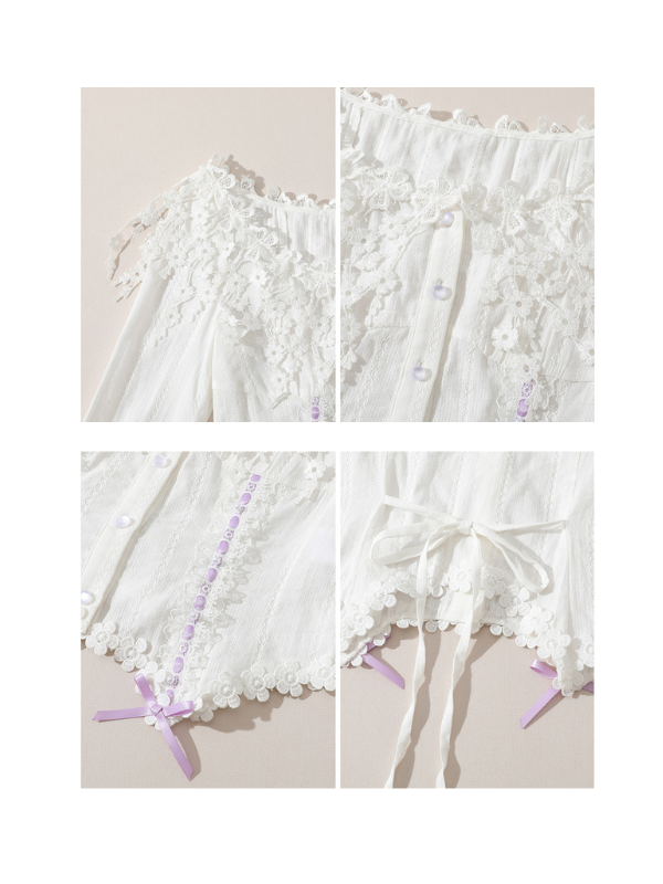 Lilac Ribbon Embroidered Lace Blouse