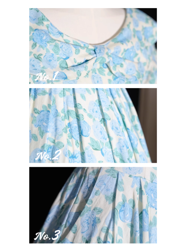 Close-up details of the blue floral dress showcasing the delicate collar bow, soft floral print, and pleated skirt for a cottagecore-inspired look.