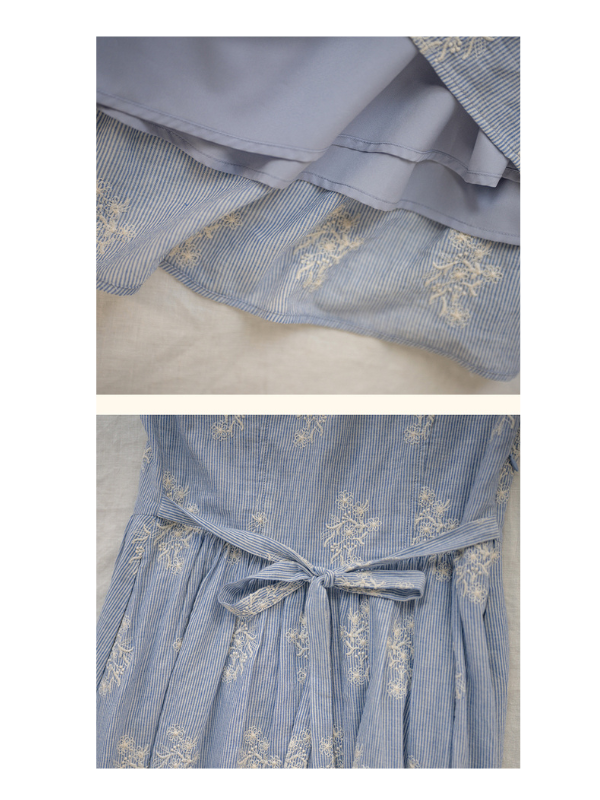 Detailed view of the inner lining of a light blue floral dress, revealing the soft, breathable fabric. The second detail shot captures the adjustable waist tie, creating a flattering, cinched silhouette with charming floral embroidery.