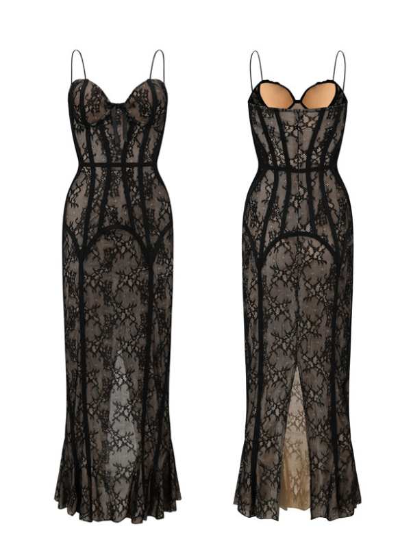 Front and back view of a vintage-inspired black lace princess slip dress with corset seams and flared hem, offering a romantic and aesthetic outfit look.