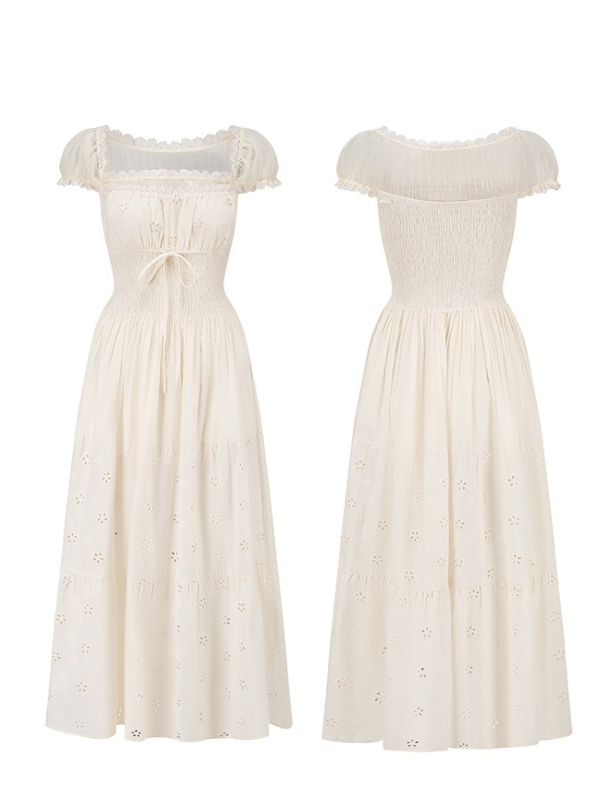 Front and back views of a cream vintage-inspired eyelet lace midi dress with gathered waist, sheer puff sleeves, and tiered skirt – elegant and fairytale fashion from Romantic Fairytale.