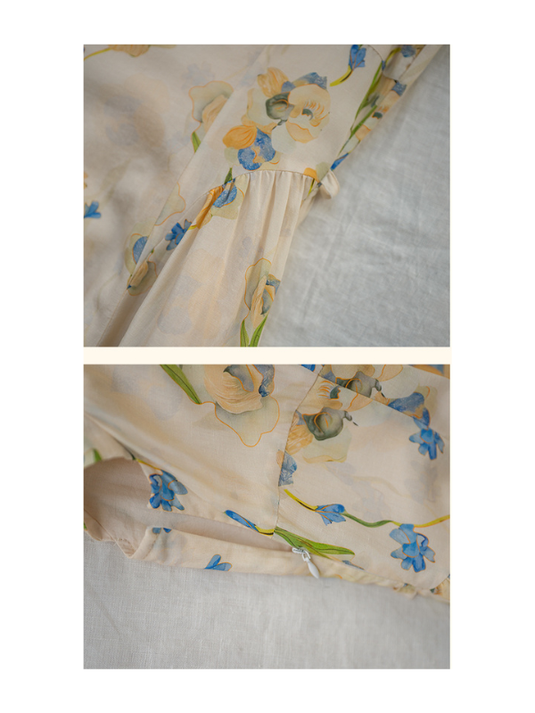 Close-up view of a cream floral dress with delicate blue and yellow blossoms, showcasing the softly gathered waist detail and concealed side zipper for a seamless fit. The second detail shot highlights the subtle pleating at the waist, adding a gentle, flowing silhouette to the dress.