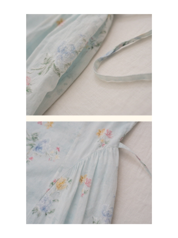 Close-up of a vintage floral dress with cap sleeves and sweetheart neckline, highlighting the delicate button-down front and soft pastel floral pattern, styled on a wooden hanger for a charming, cottagecore aesthetic.