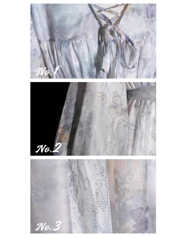 Close-up details of the lavender gown, showcasing intricate floral patterns, delicate lace-up ties, and subtle butterfly accents for a whimsical fairycore aesthetic.