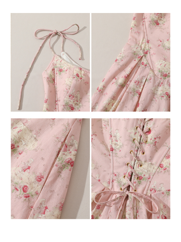 Pastoral Pink Vintage Floral Lace-Up Dress