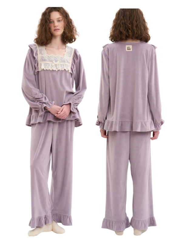Lavender Velvet Lace Ruffle Loungewear Set