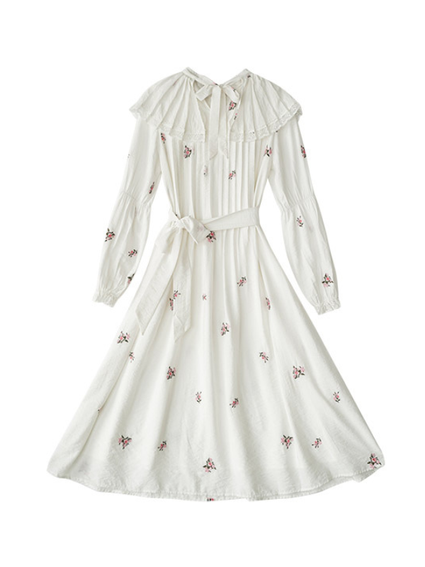Floral Embroidery Vintage Ruffled Cotton Dress