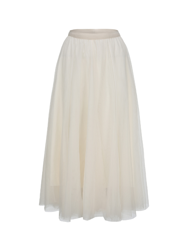 An elegant ivory tulle skirt with a soft A-line silhouette, ideal for pairing with fairycore corset tops in dreamy princesscore looks.