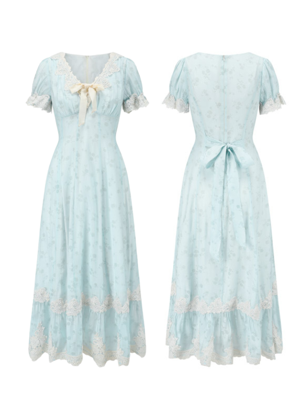 Front and back views of a vintage-inspired light blue dress with puff sleeves, lace trim, and a satin ribbon bow at the neckline, featuring a tiered hem and back tie detail.