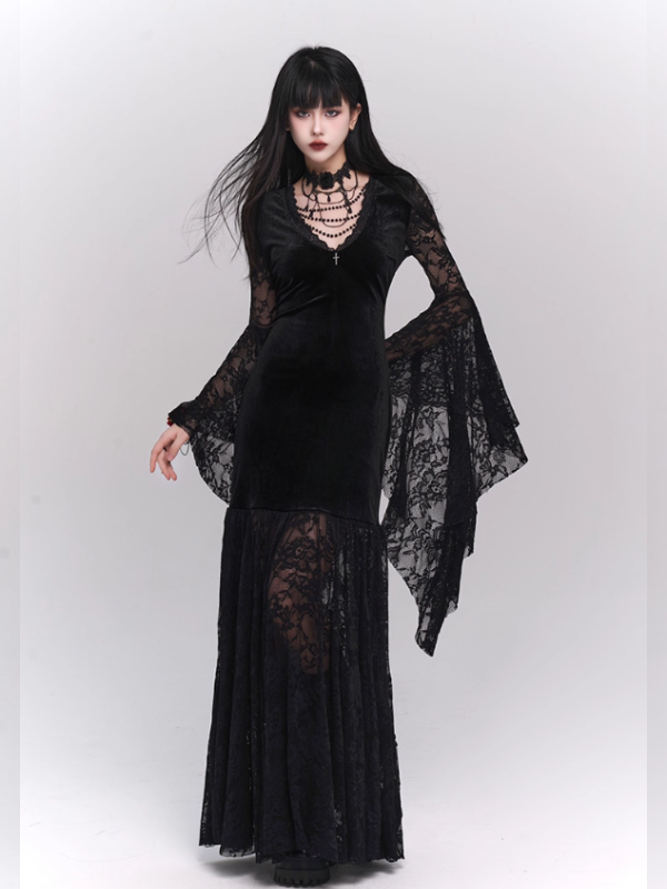 Black Velvet Lace Bell Sleeve Gothic Dress