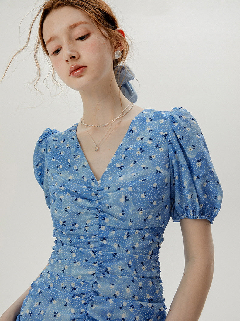 Blue Blossom Ruched Dress