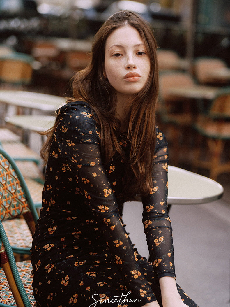 Midnight Blossom Off-Shoulder Mesh Dress