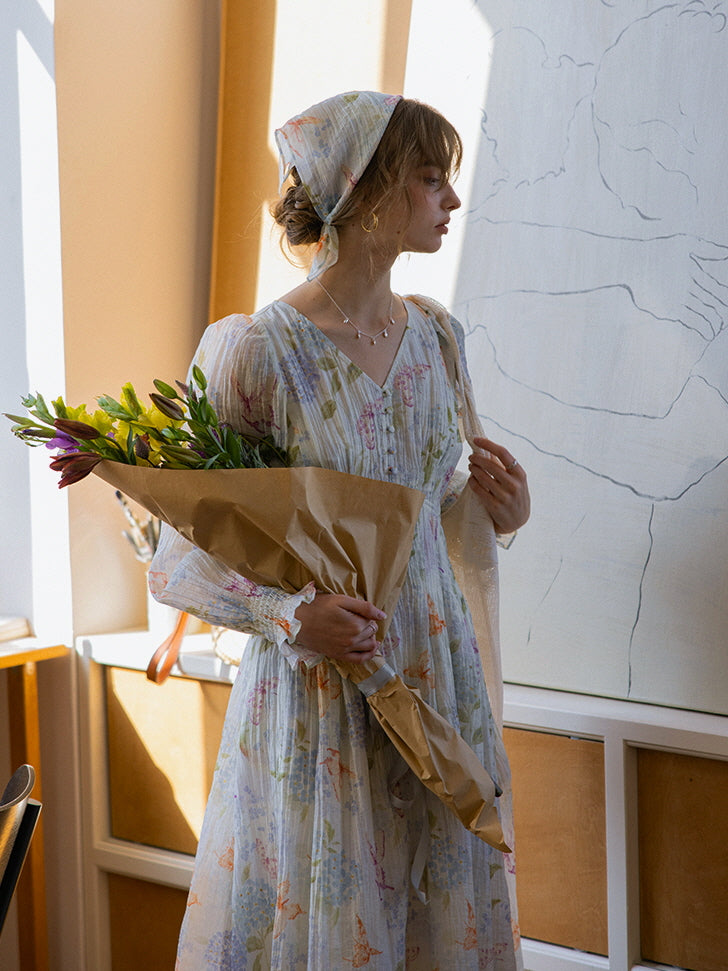 Watercolor Floral Long Sleeve Dress