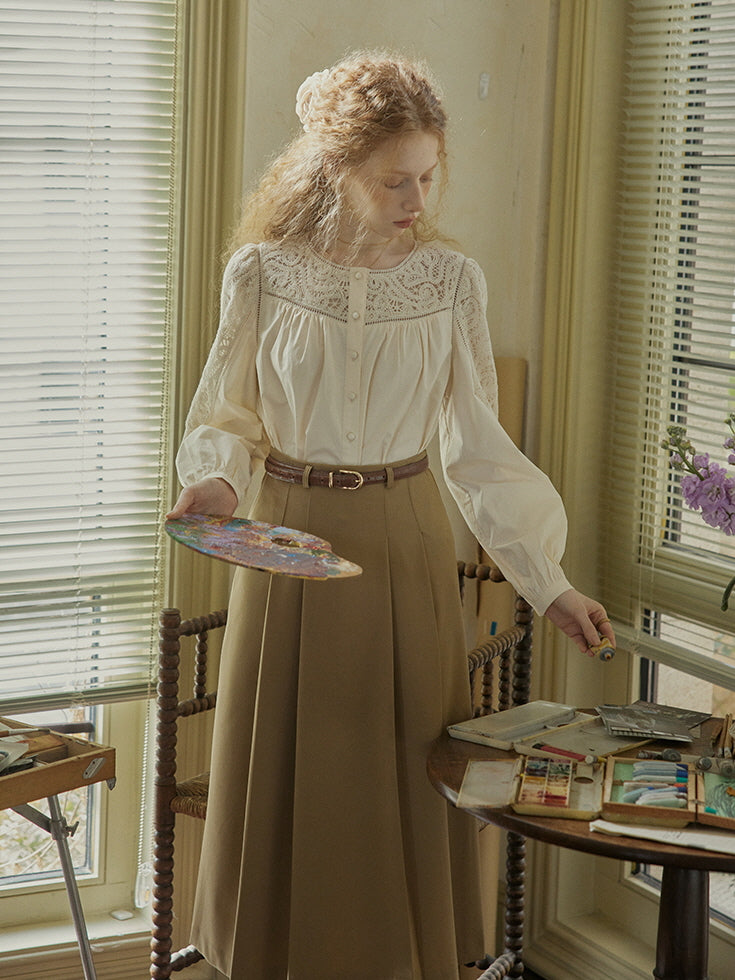 Romantic Lace Yoke Cotton Blouse