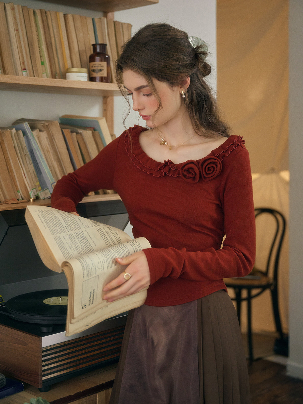 Rosette Ruffle Knit Top