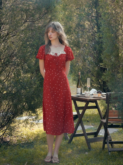 A romantic red retro dress with lace trim, styled for summer in a garden setting with wine and books, creating a beautiful and casual vintage-inspired look.