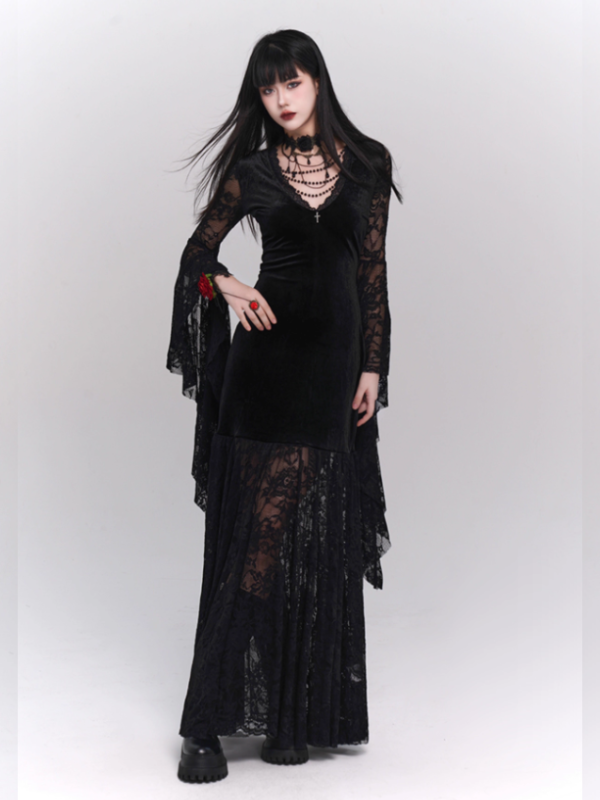 Black Velvet Lace Bell Sleeve Gothic Dress