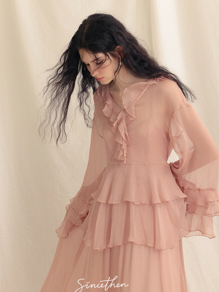 Whimsical Pink Ruffle Chiffon Blouse & Dress